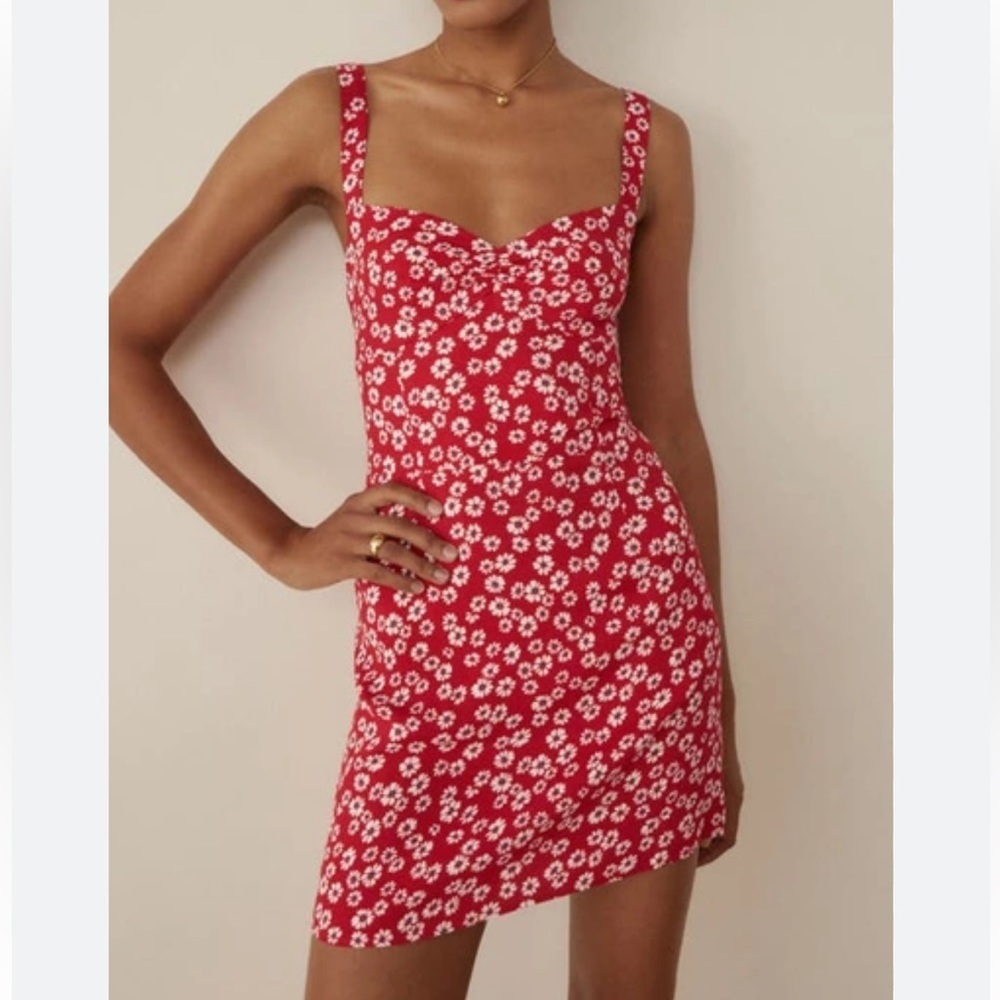 Reformation Red Baldwin Floral Print Summer Cute Mini Dress Jenna Size 6, S/M